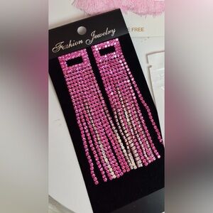 Pink and Silver Rhinestone Fringe Earrings